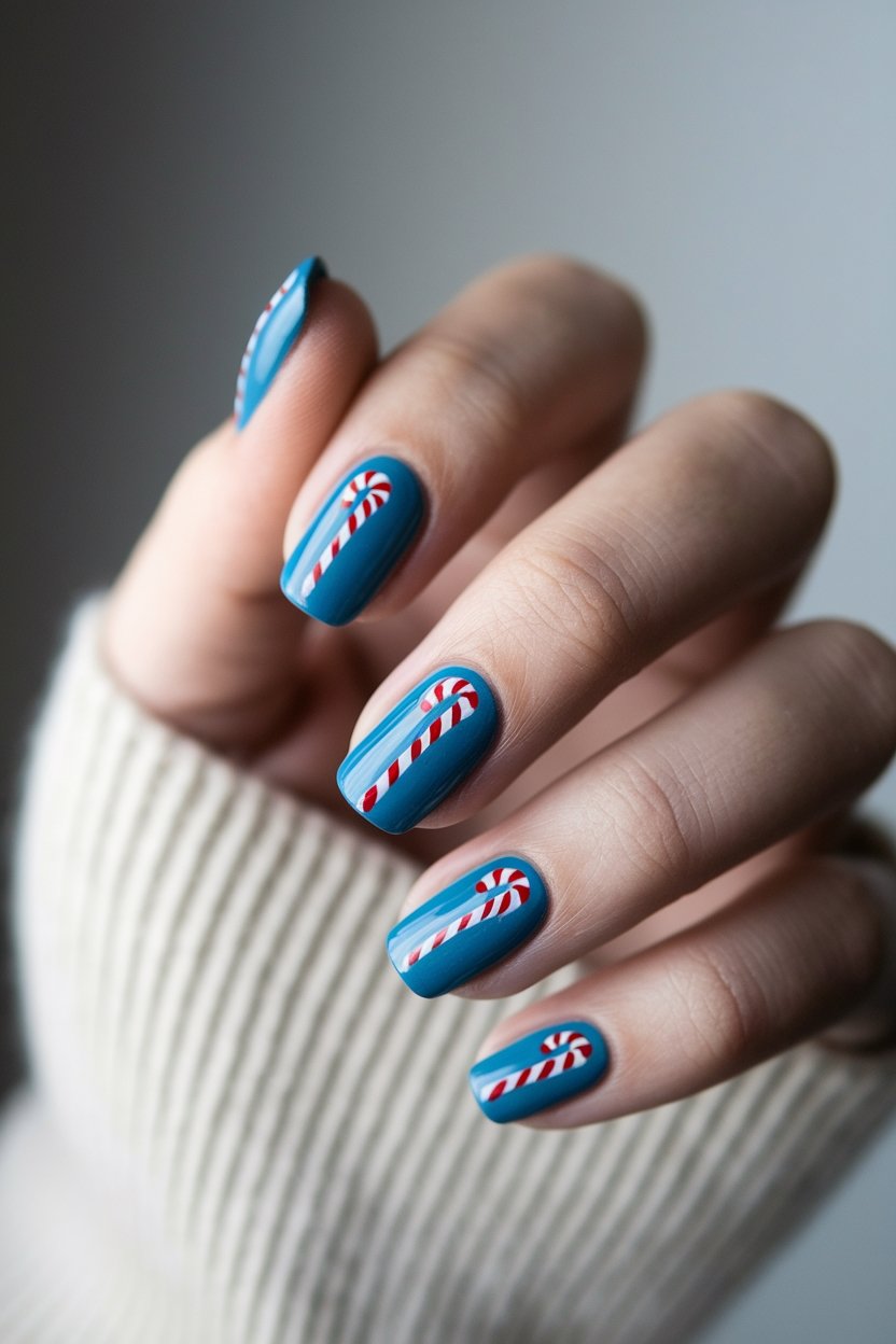Festive blue nails with candy cane design, showcasing creative holiday nail art.