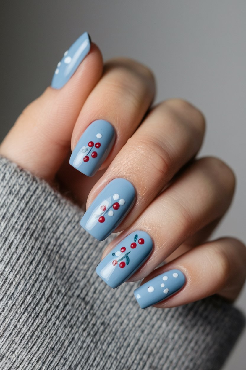 Blue nail art with white polka dots and red berries design on a hand wearing a gray sweater.