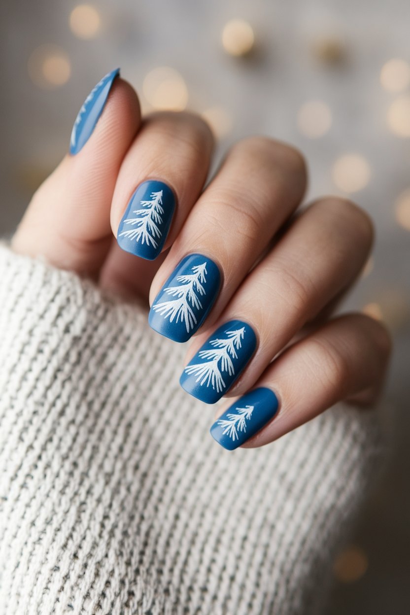 Blue nails with white tree branch design, perfect for winter nail art style.