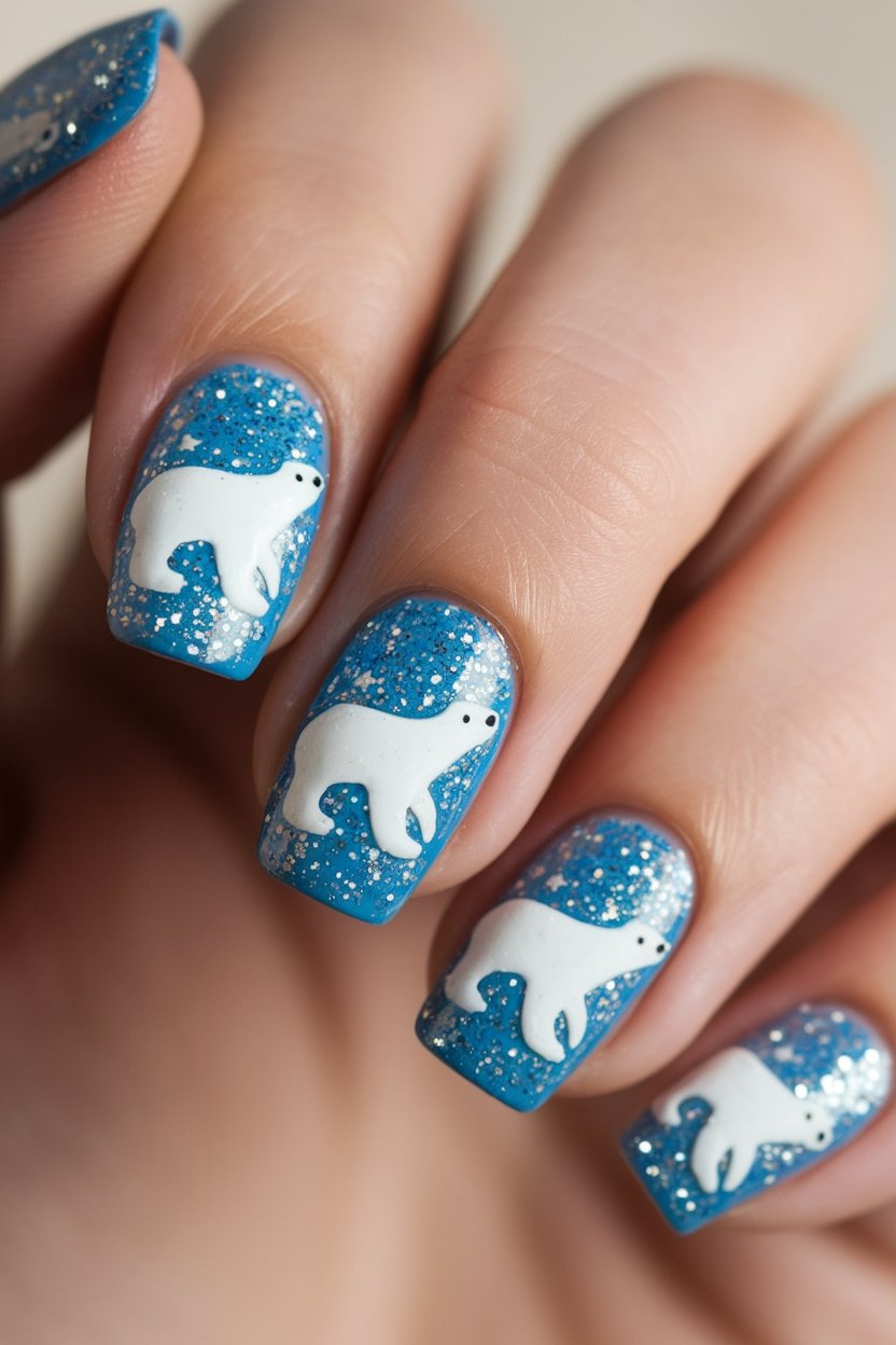 Close-up of blue nail art with white polar bear designs and glitter accents.