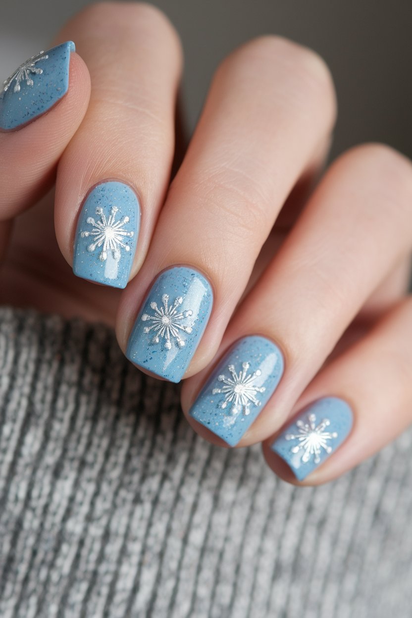 Blue nails with white snowflake designs, close-up on a hand with a cozy sweater background.