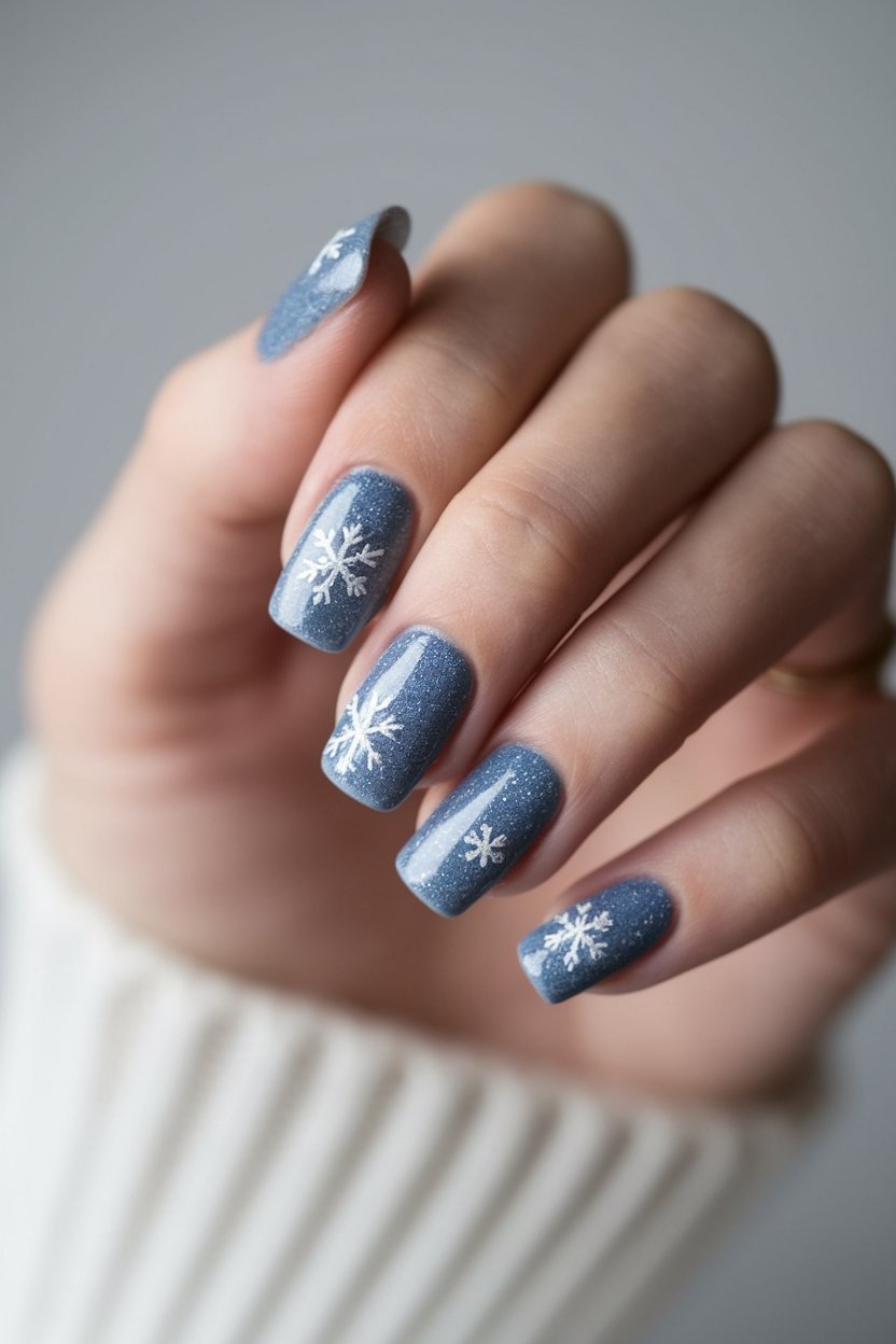 Blue nails with white snowflake design, winter-themed nail art on a hand, close-up.