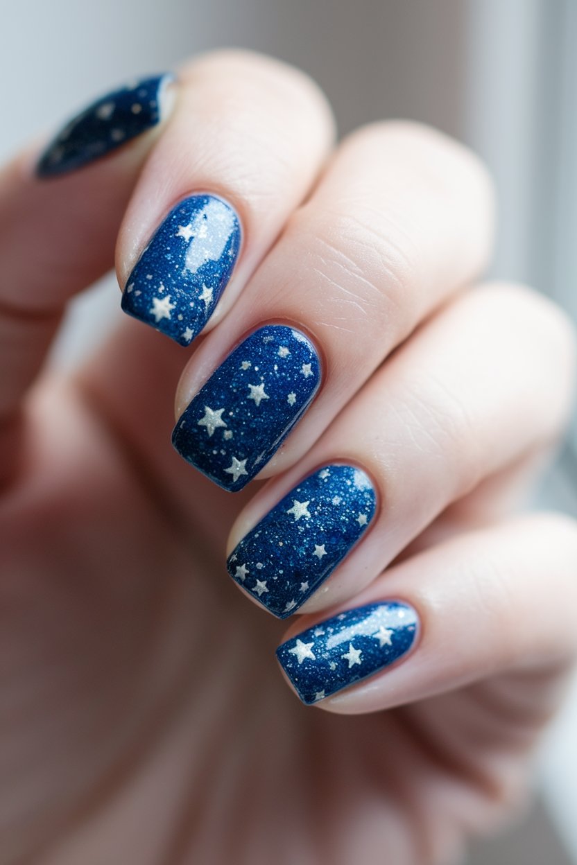 Blue starry night nails with sparkles and star patterns. Perfect galaxy-themed manicure for celestial nail art lovers.