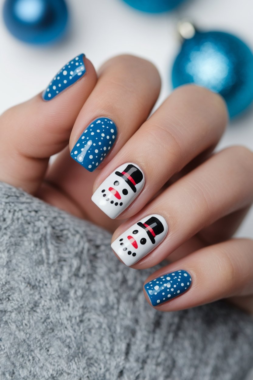Festive snowman nail art with blue and white polka dots, perfect for winter and holiday styling.