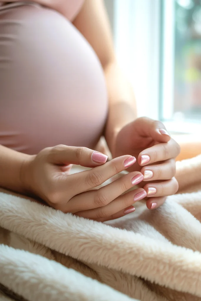 Nail care during pregnancy. Pregnant woman with pink nails resting hands on belly, wrapped in soft blanket by window.