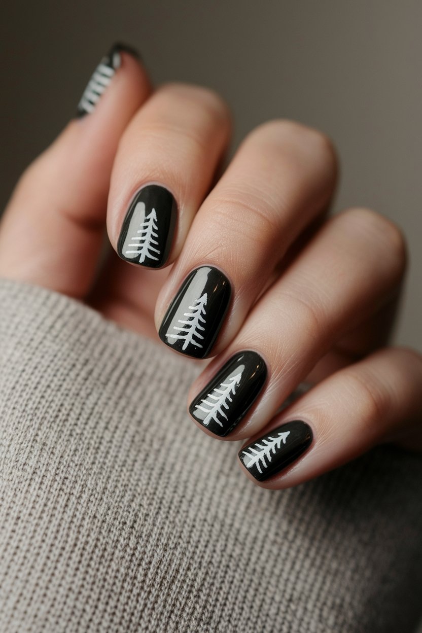 black nails with christmas trees