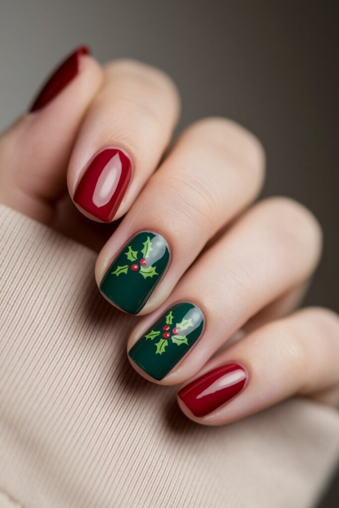 Red and green christmas nails, festive holly leaf nails