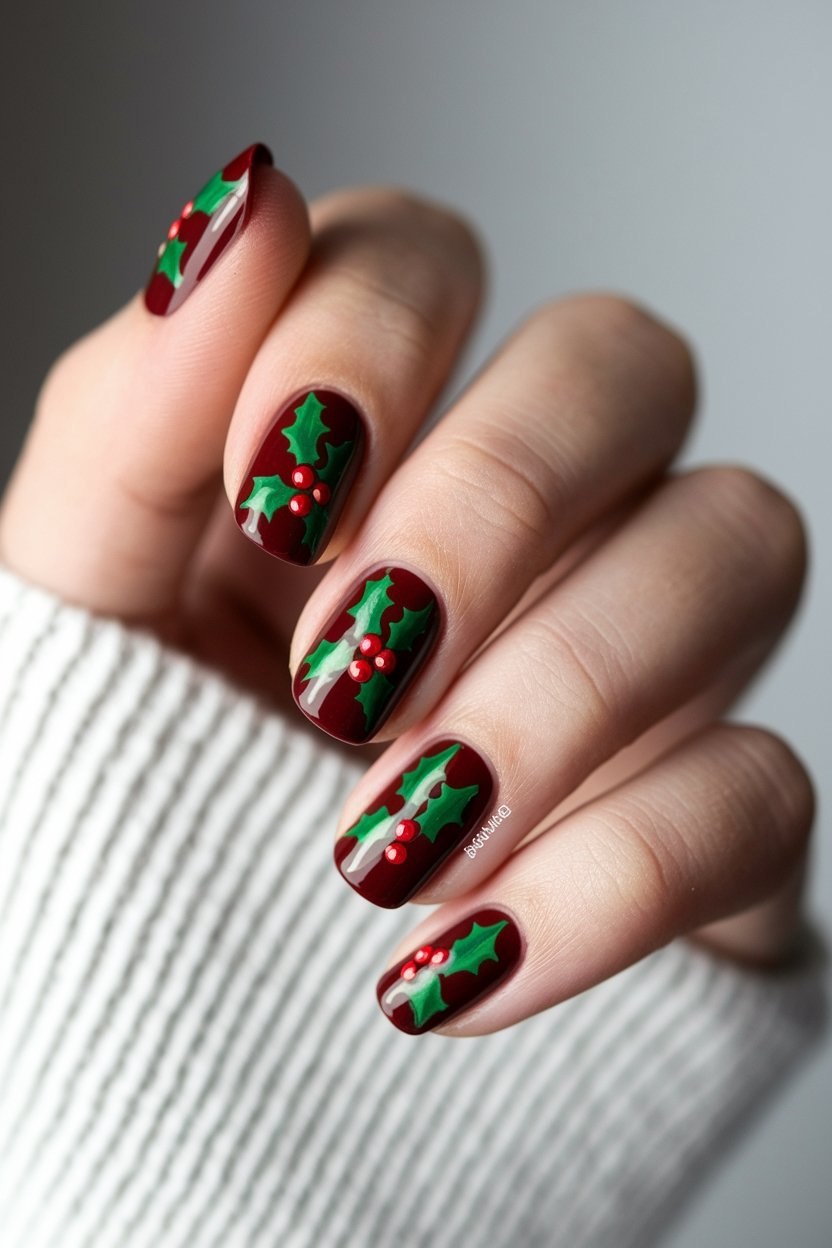 festive holly nail art