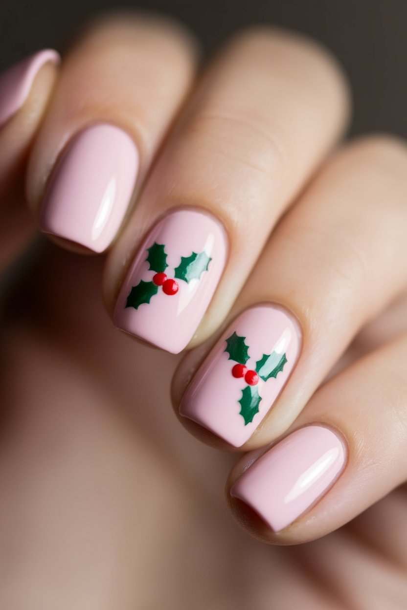 festive pink holly nails