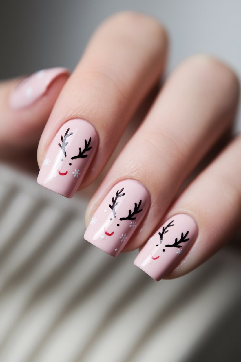 festive pink reindeer nails