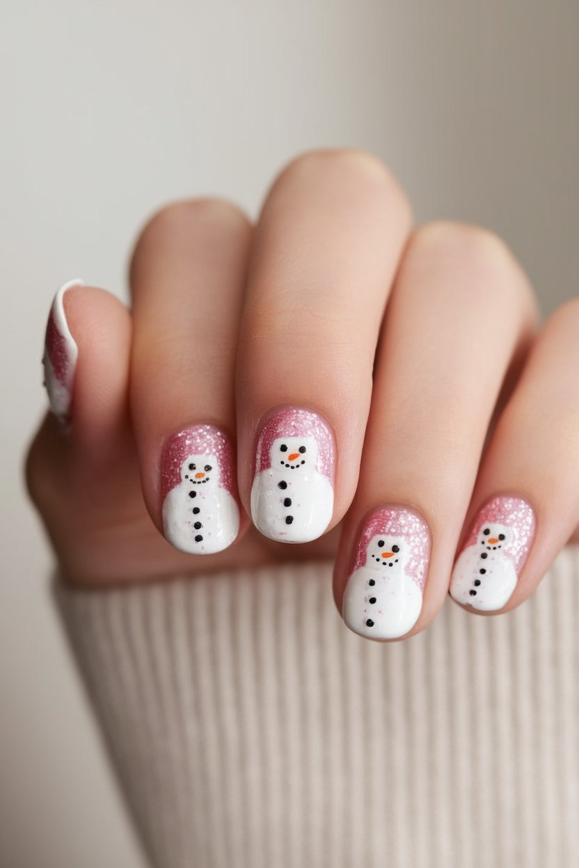 festive pink snowman nails