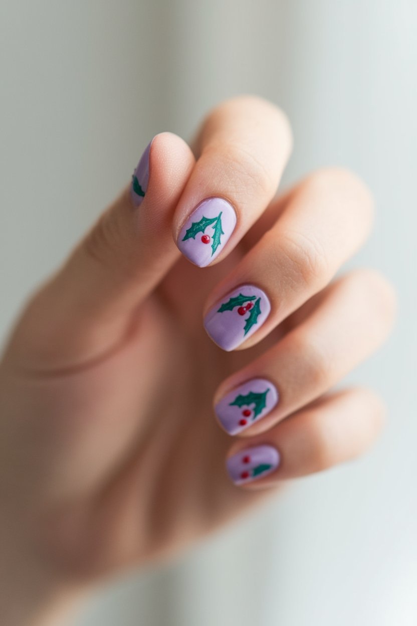 festive purple christmas nails, holly nails