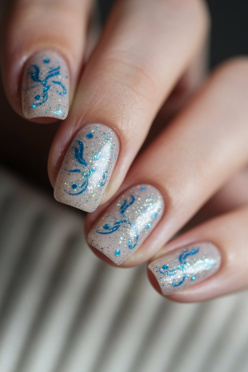 frosted blue glitter nails