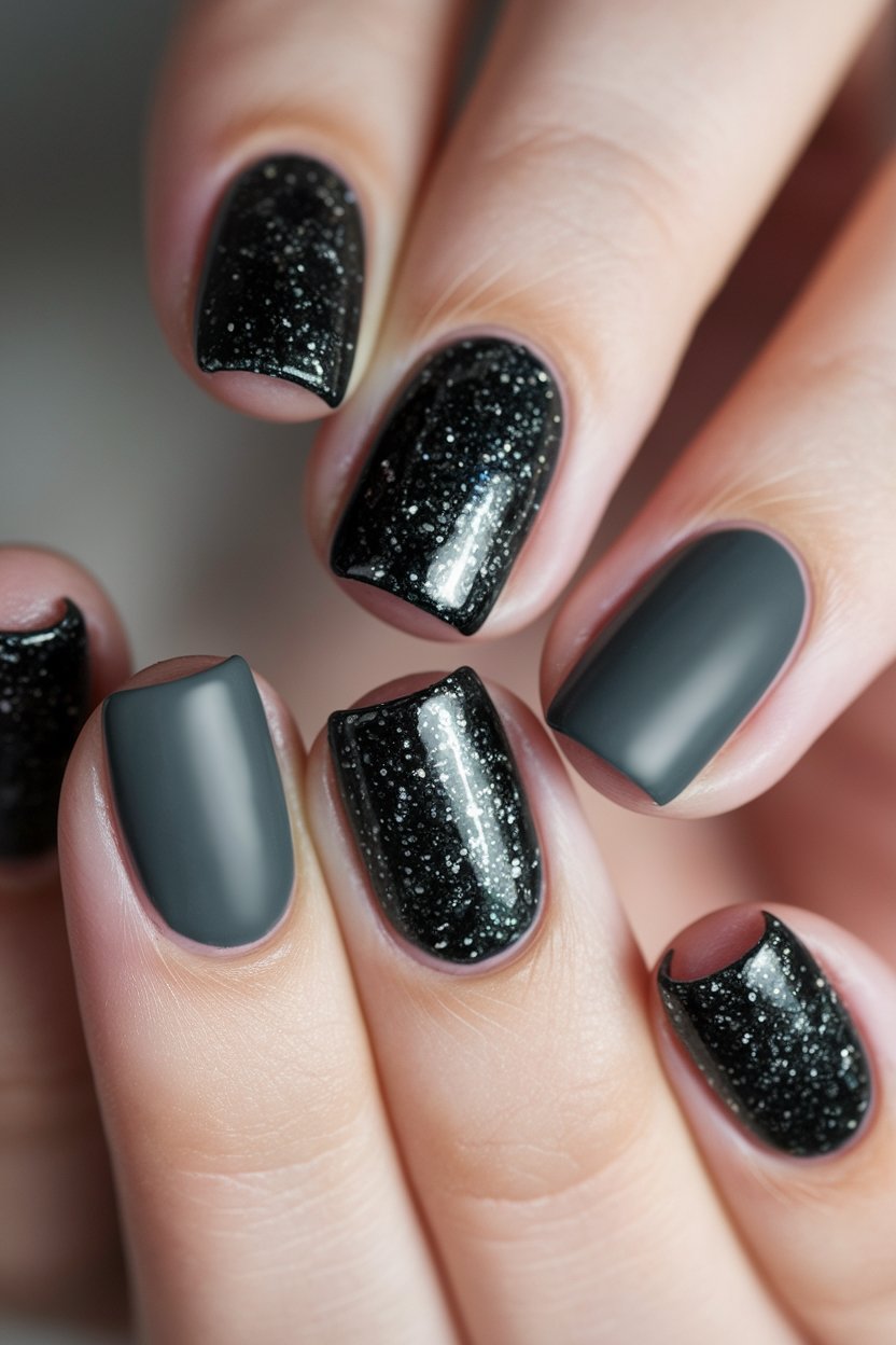 glittery black and matte grey