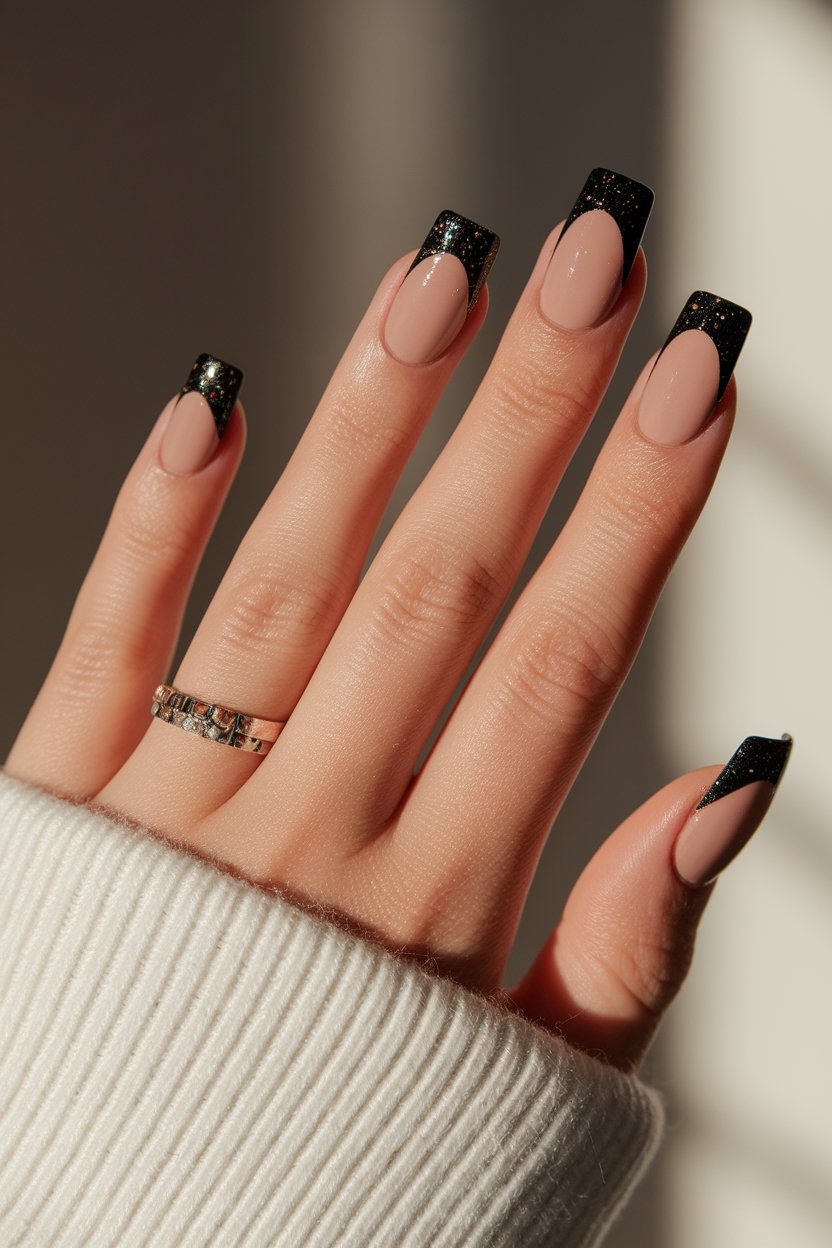 glittery black french tips