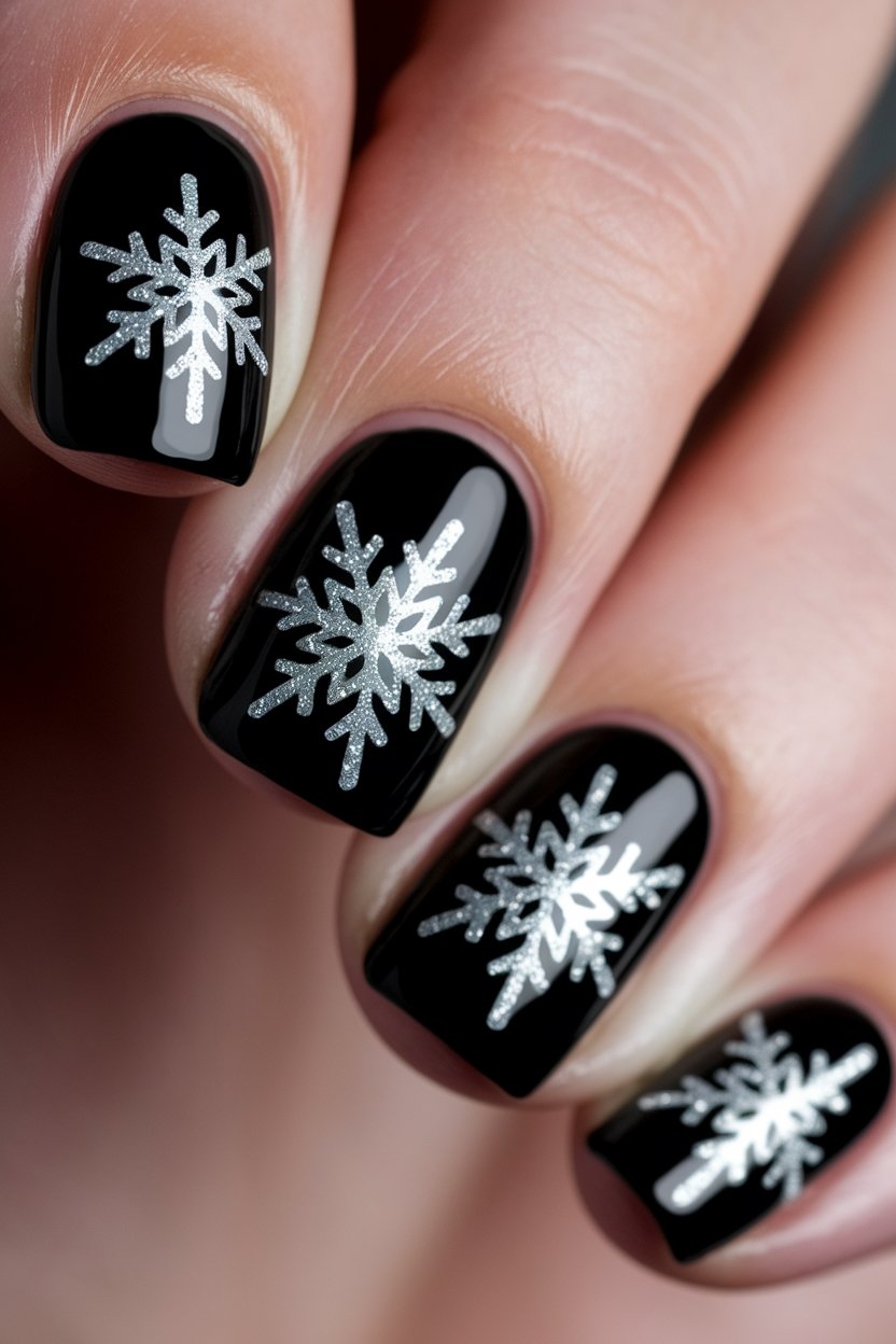 glittery black snowflake nails