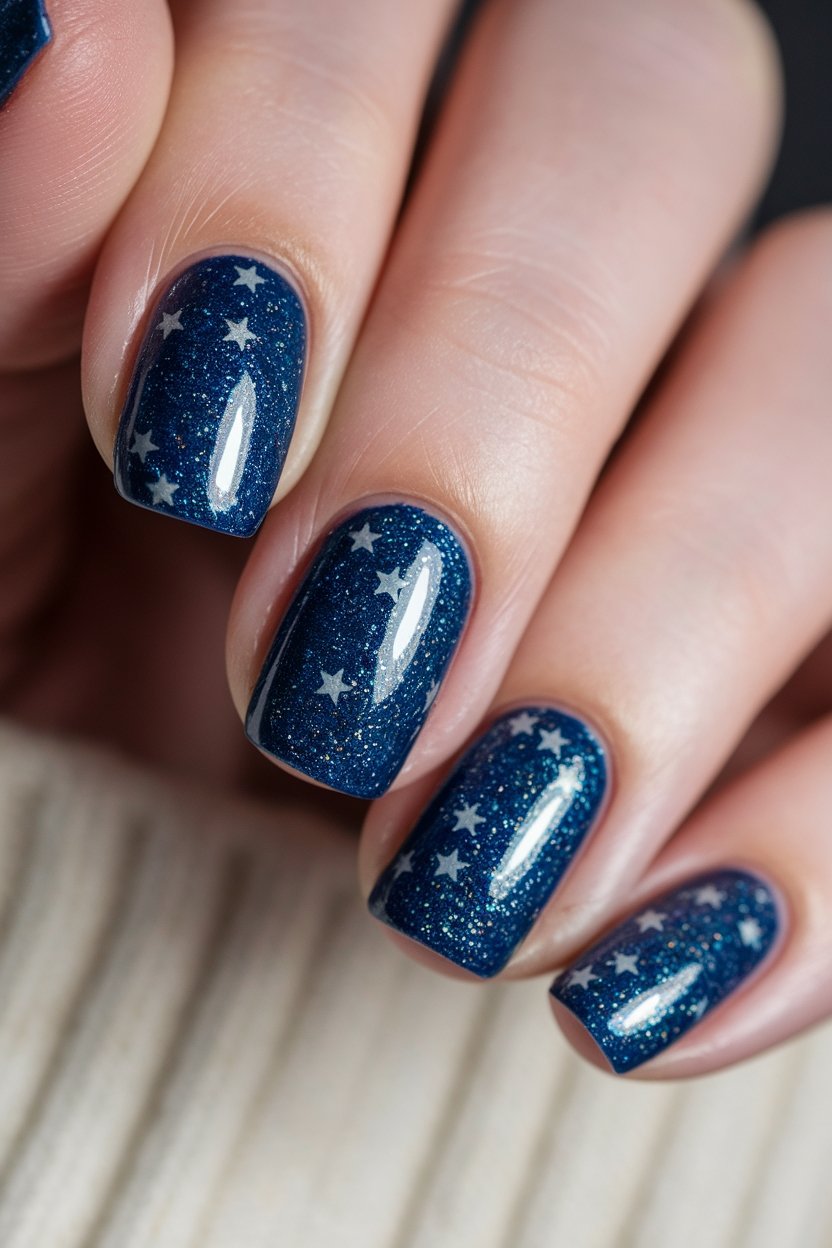 glittery blue nail design