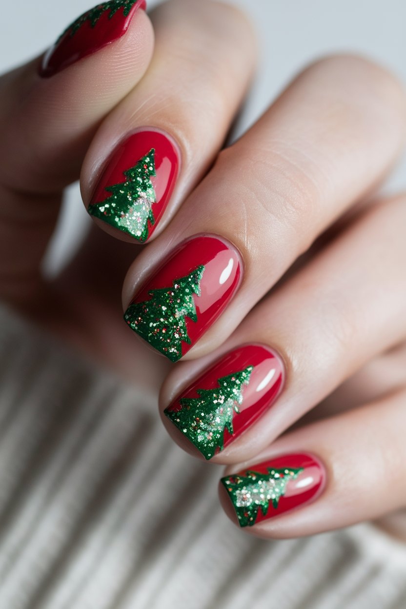 glittery christmas tree nails