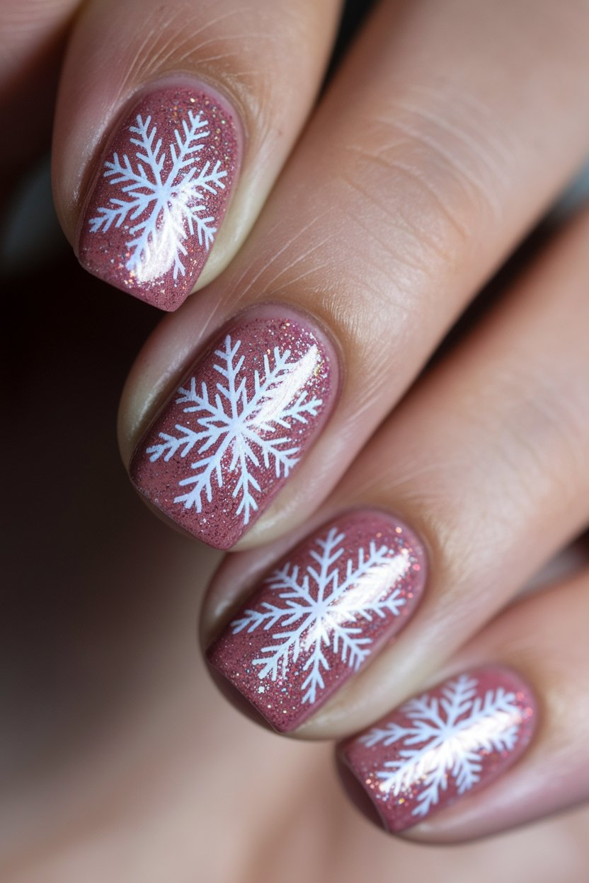 glittery pink snowflake nails