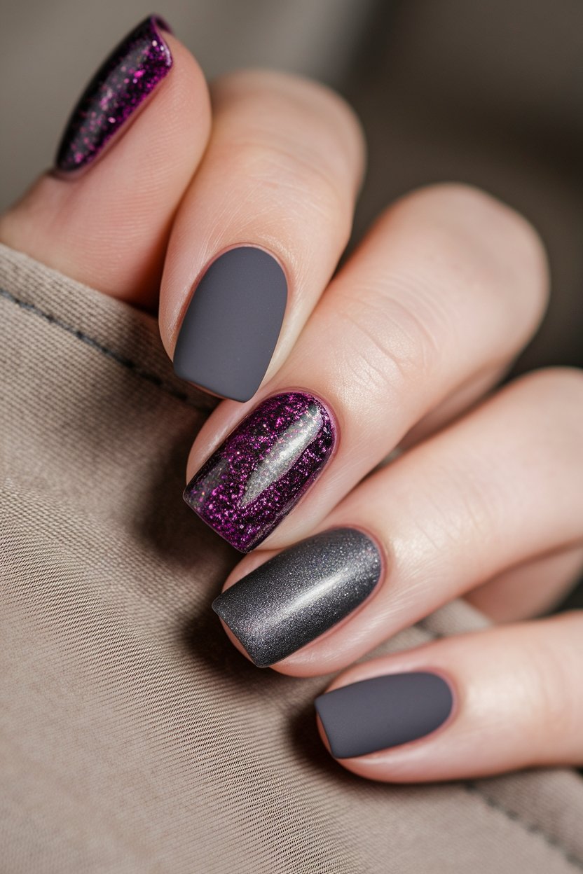 glittery purple and matte grey