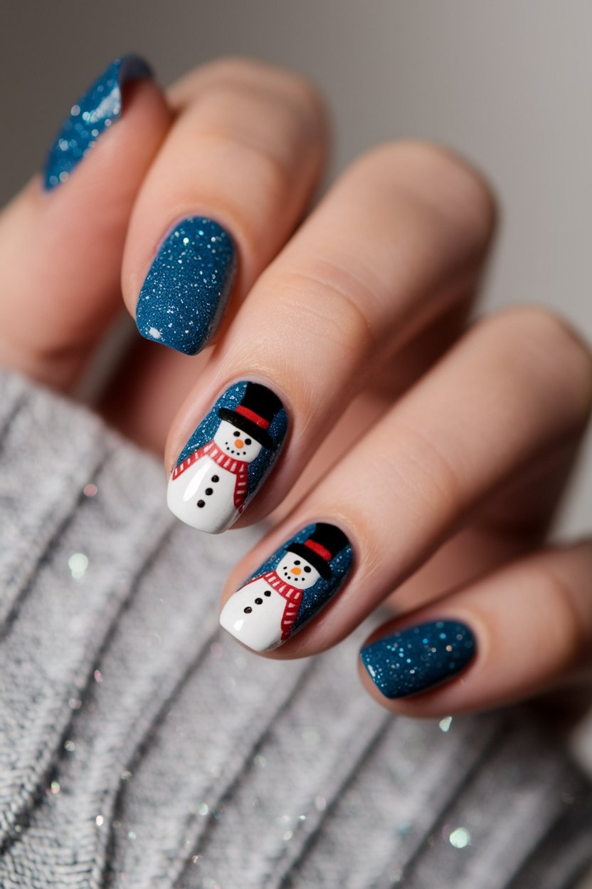 glittery snowman nail art