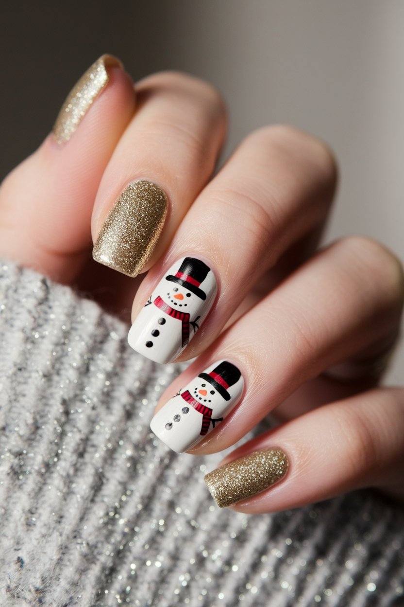 gold glittery snowman nails