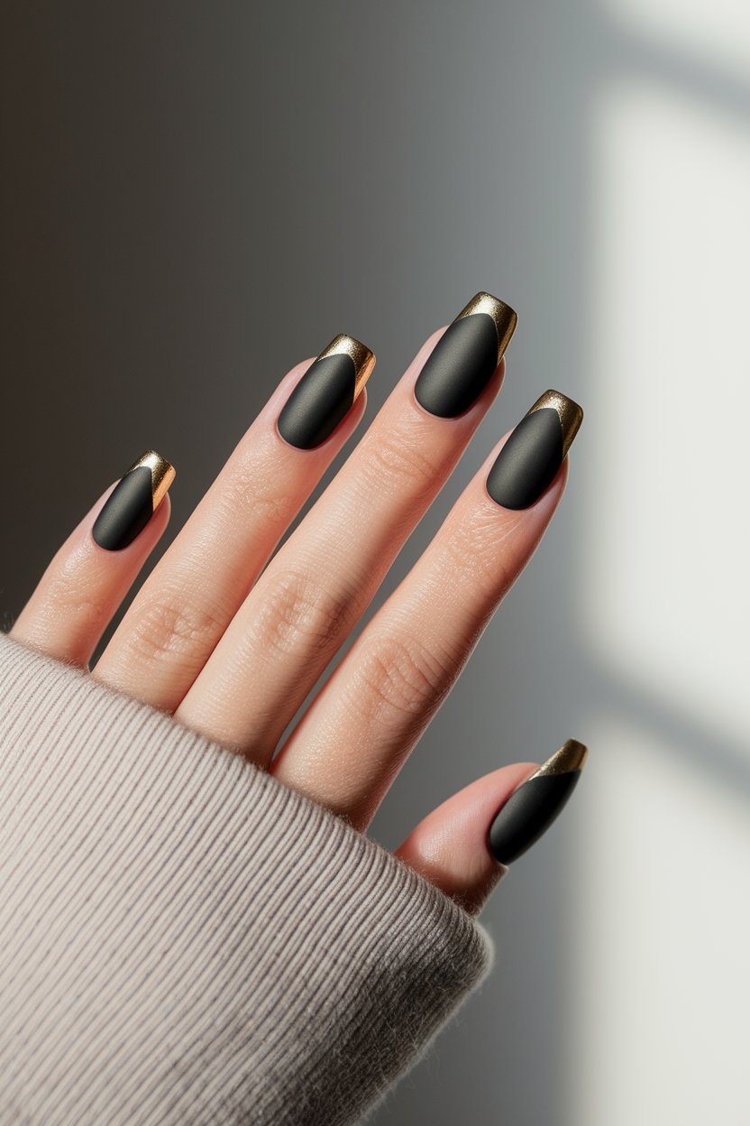 black christmas nails matte black gold tips