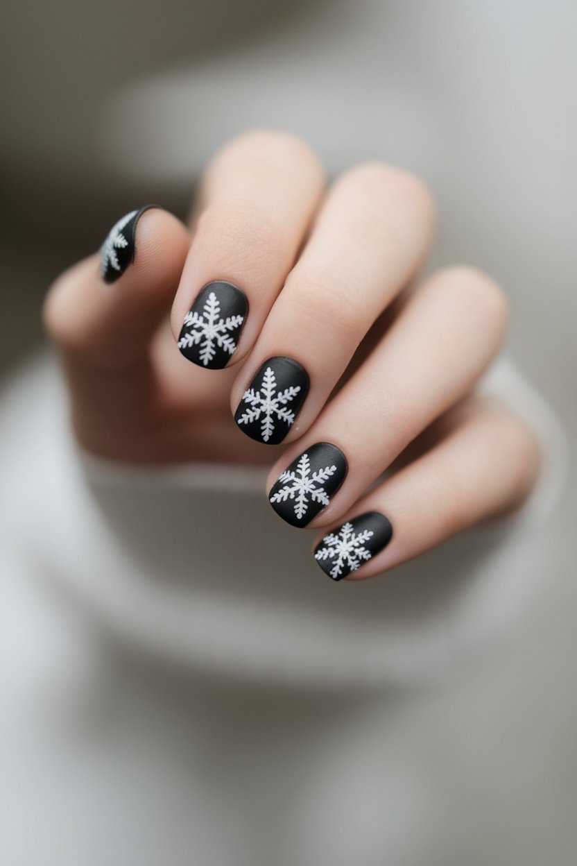 matte black snowflake nails