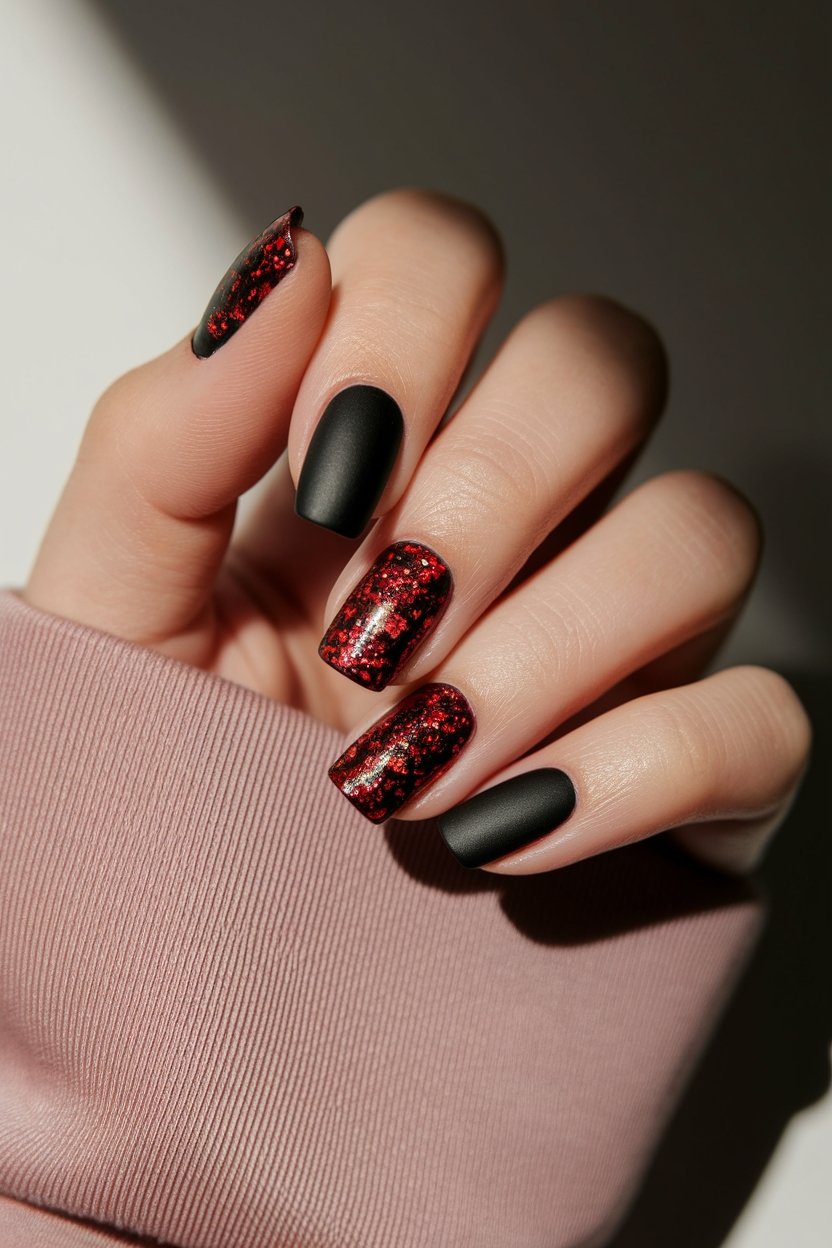 matte black with red glitter