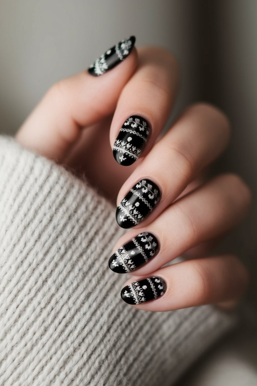 nordic patterned black nails