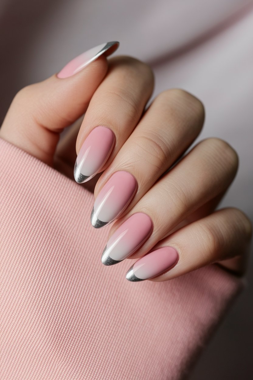 ombre pink and silver tips