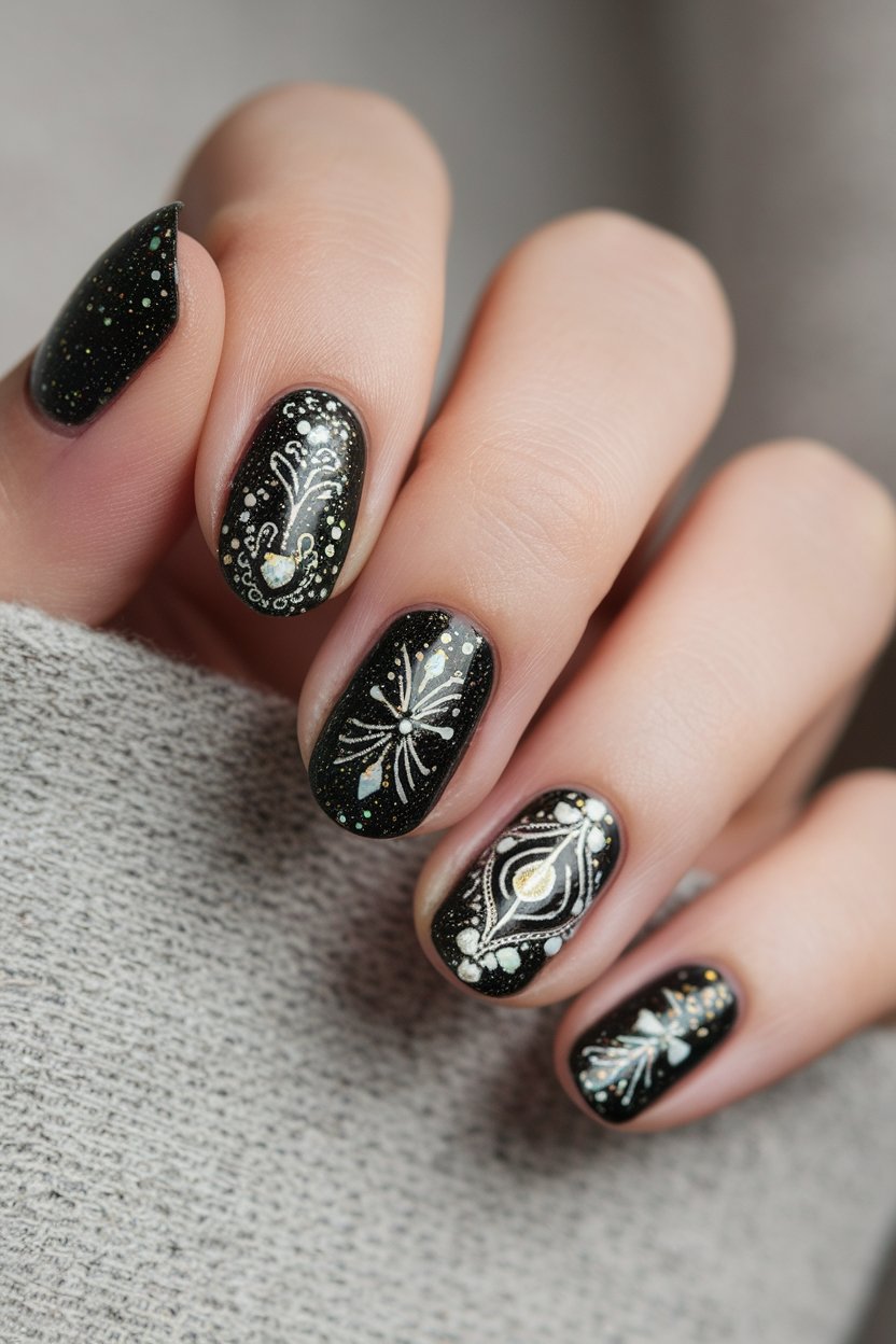 ornate sparkly black nails