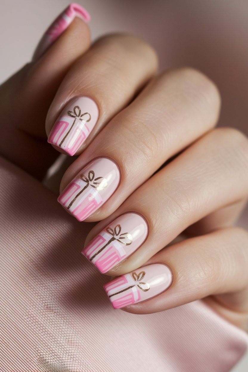 pink gift box nails