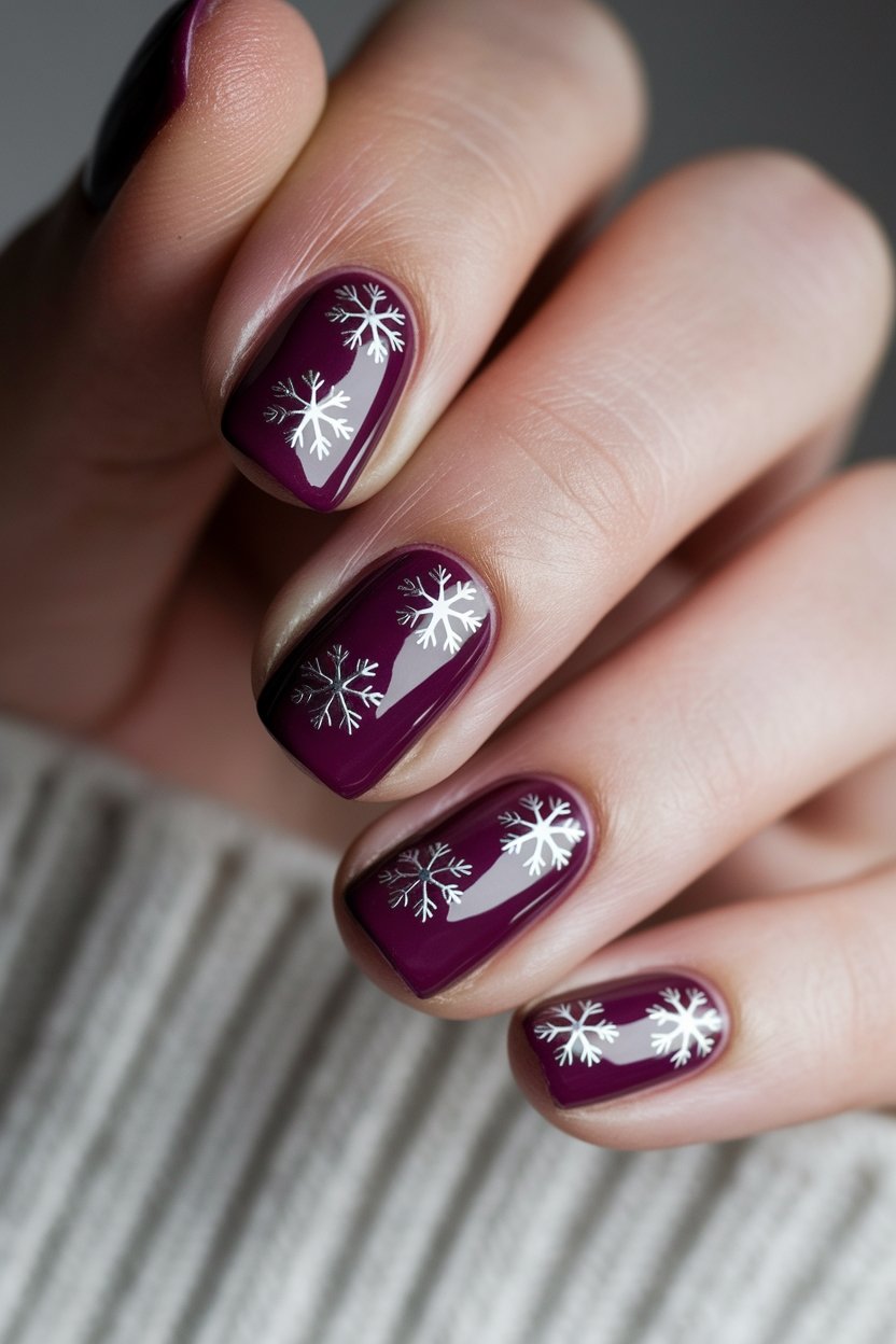 plum nails with snowflakes