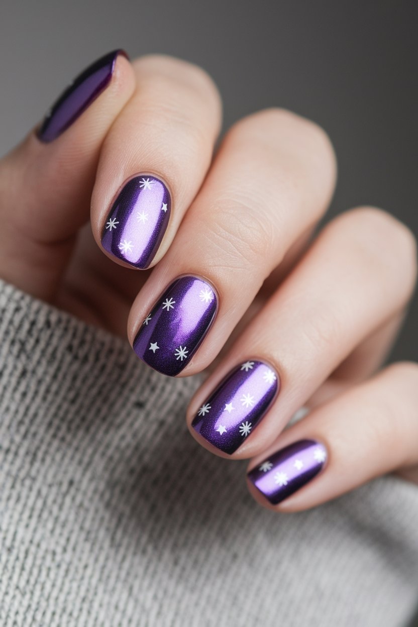 purple chrome festive nails