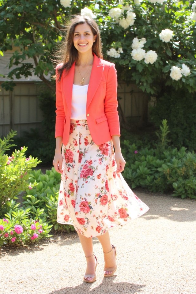 bold blazer neutral skirt