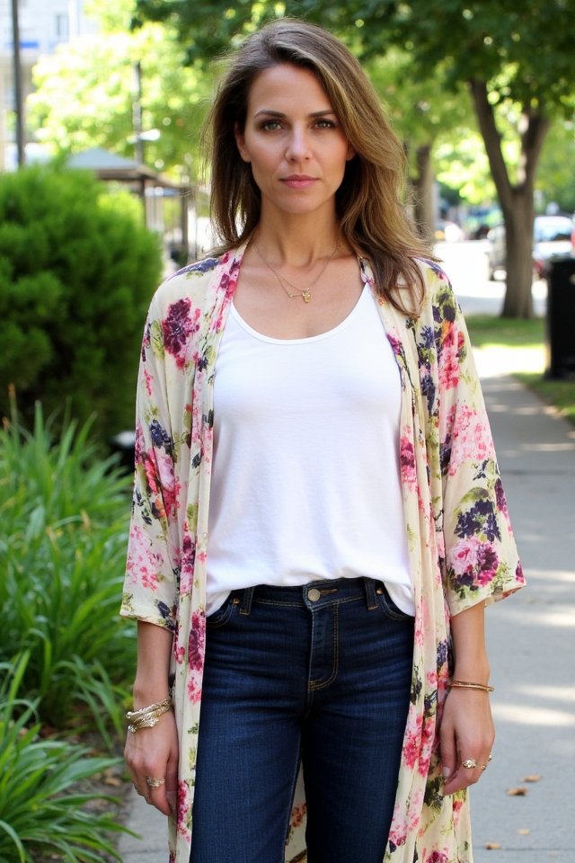 floral kimono with jeans