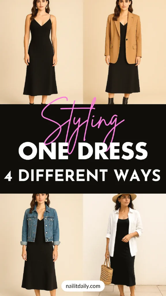 Styling a black dress four ways: casual, formal, denim jacket, summer hat. Fashion versatility showcased.