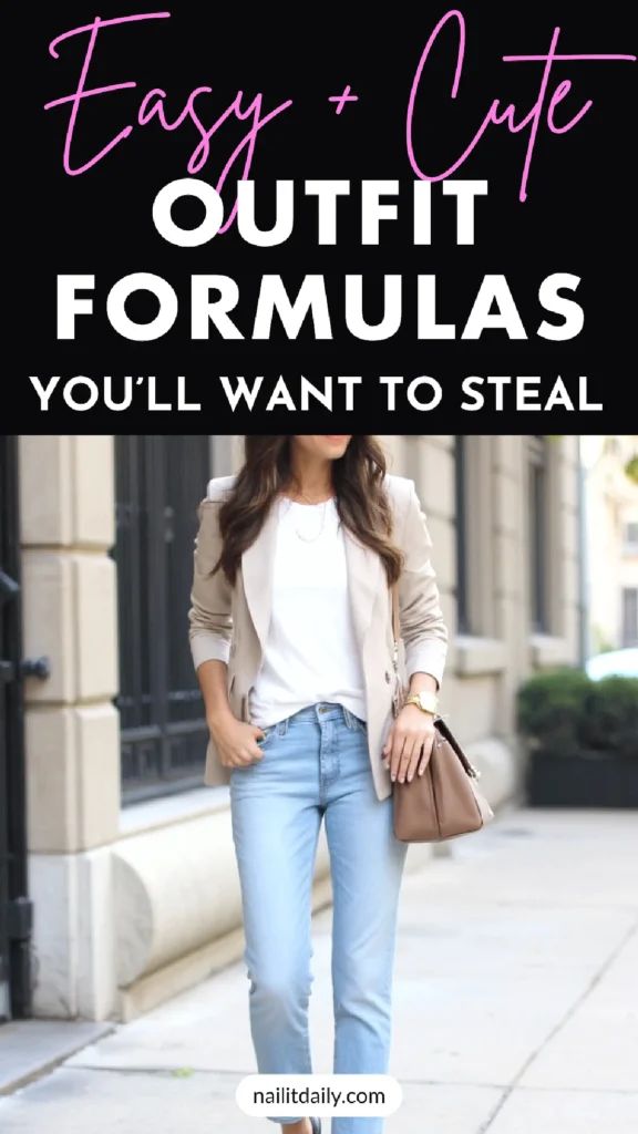 Woman in a chic outfit with blazer and jeans walking outdoors, showcasing easy and cute outfit formula ideas.