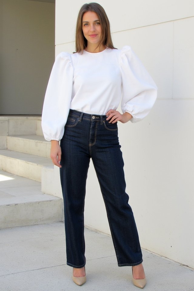 puff sleeve blouse straight jeans