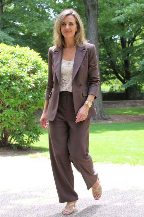 stylish taupe wide leg suit