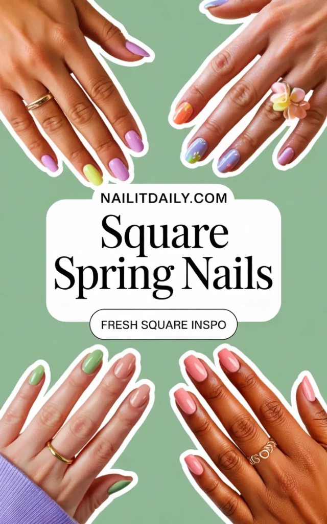 Vibrant square spring nail designs with colorful pastel shades and floral accents on manicured hands. Fresh nail inspiration!