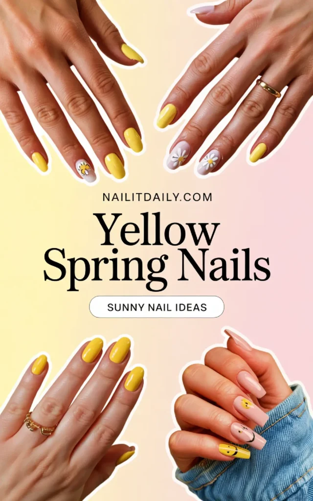Bright yellow spring nail designs, featuring floral patterns and playful art, perfect for sunny day inspirations.