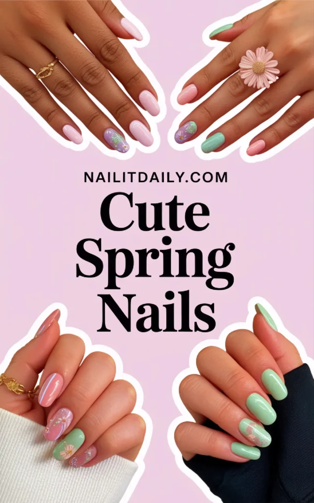 Colorful spring nail designs featuring floral patterns and pastel shades on stylish hands.