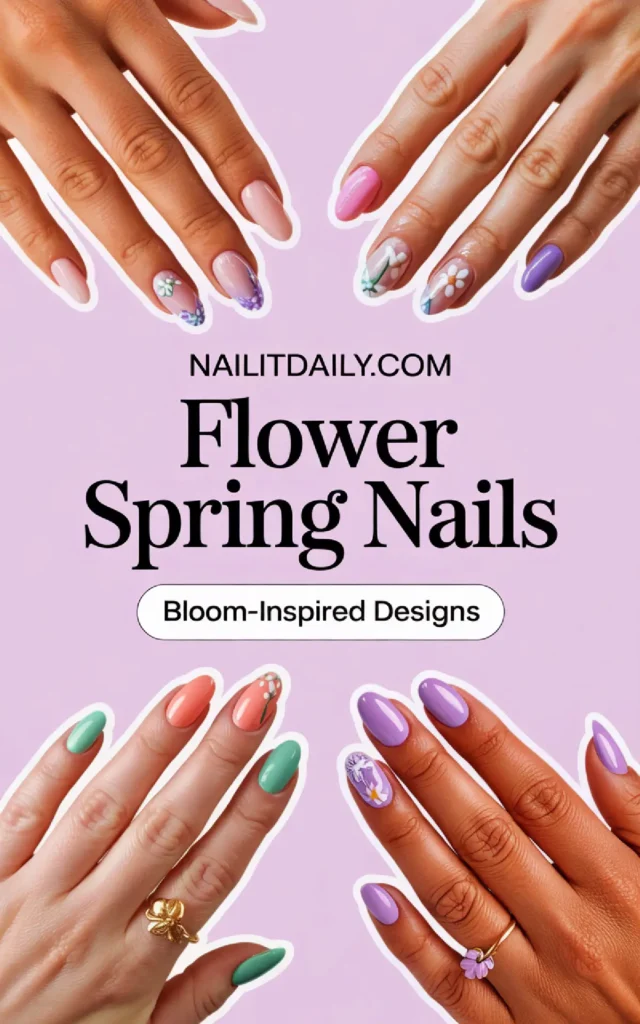 Colorful spring nail designs featuring floral patterns and pastel shades on elegantly manicured hands.