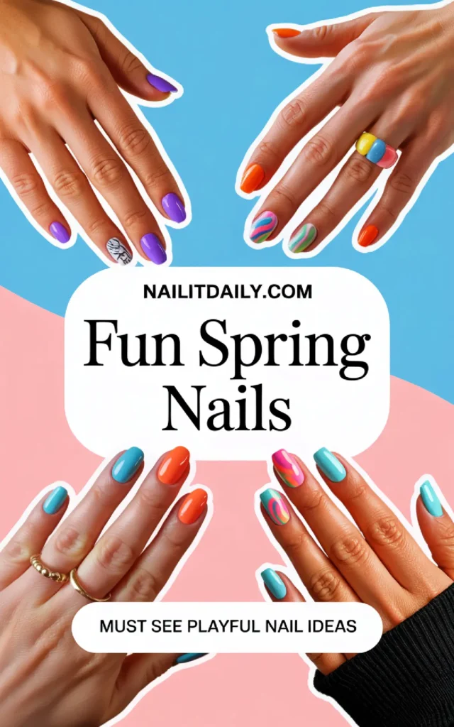 Colorful hands showcasing playful spring nail designs on a vibrant background. Explore fun nail ideas for the season!