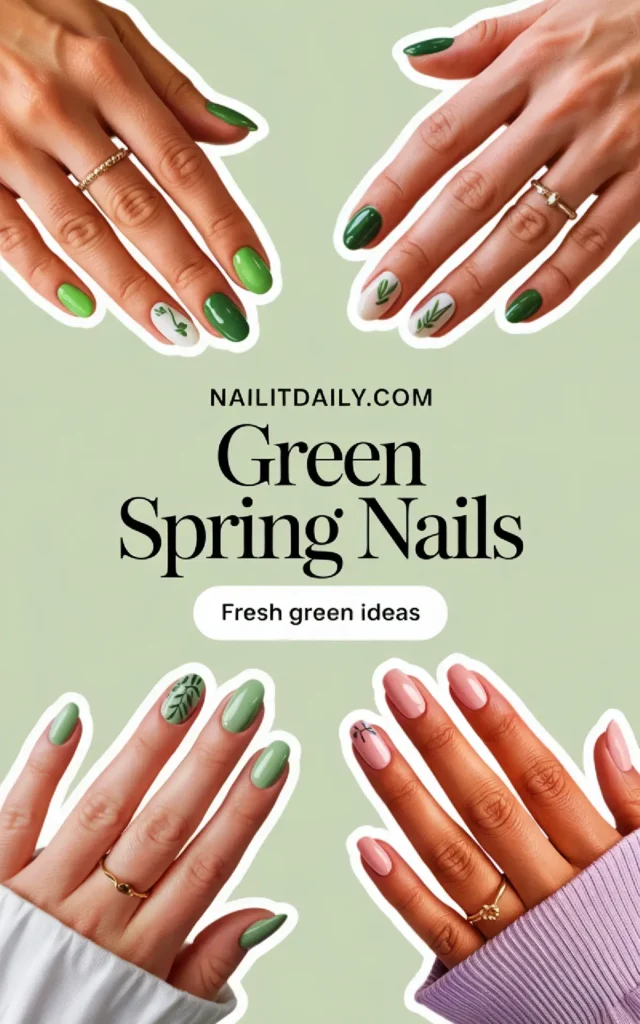 Stylish spring nails featuring vibrant green shades and botanical designs perfect for fresh nail art inspiration.