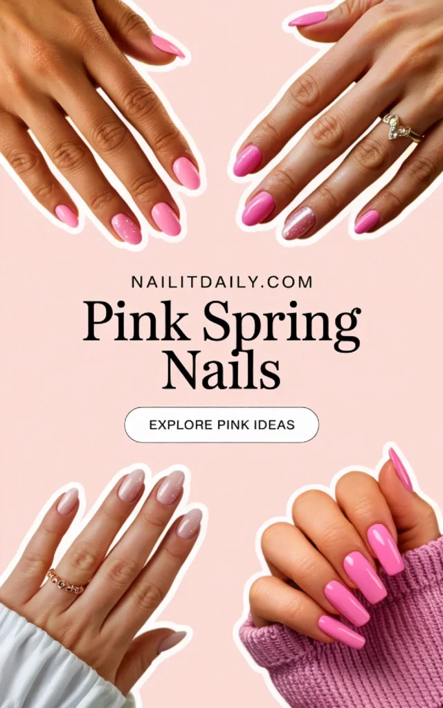 Four stylish hands displaying various pink nail designs against a soft pink background. Discover spring nail ideas!