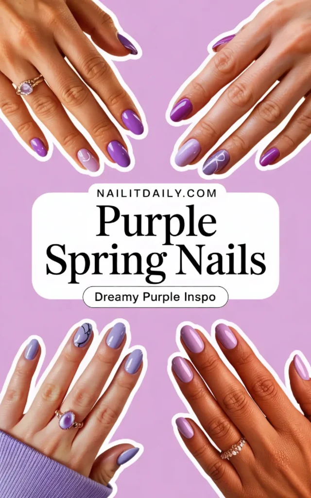 Stylish purple spring nails featuring various designs and shades, perfect for seasonal nail inspiration.